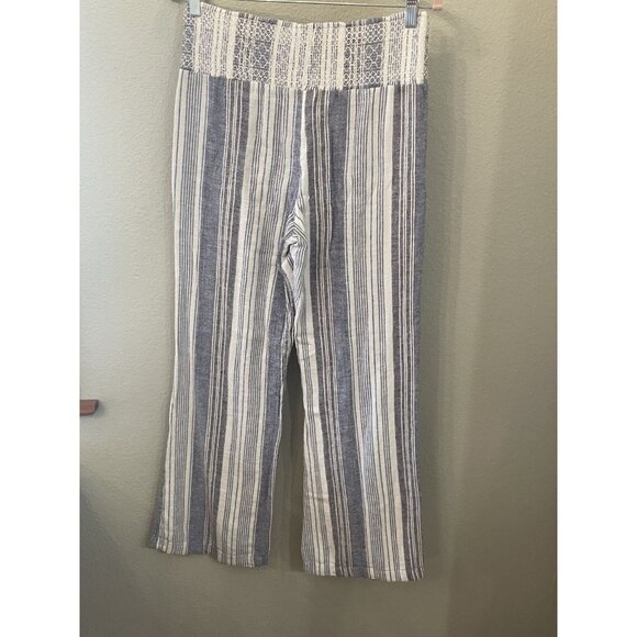 Blue linen blend wide leg pants Size Large Striped causal coastal beach lounge - Picture 2 of 8